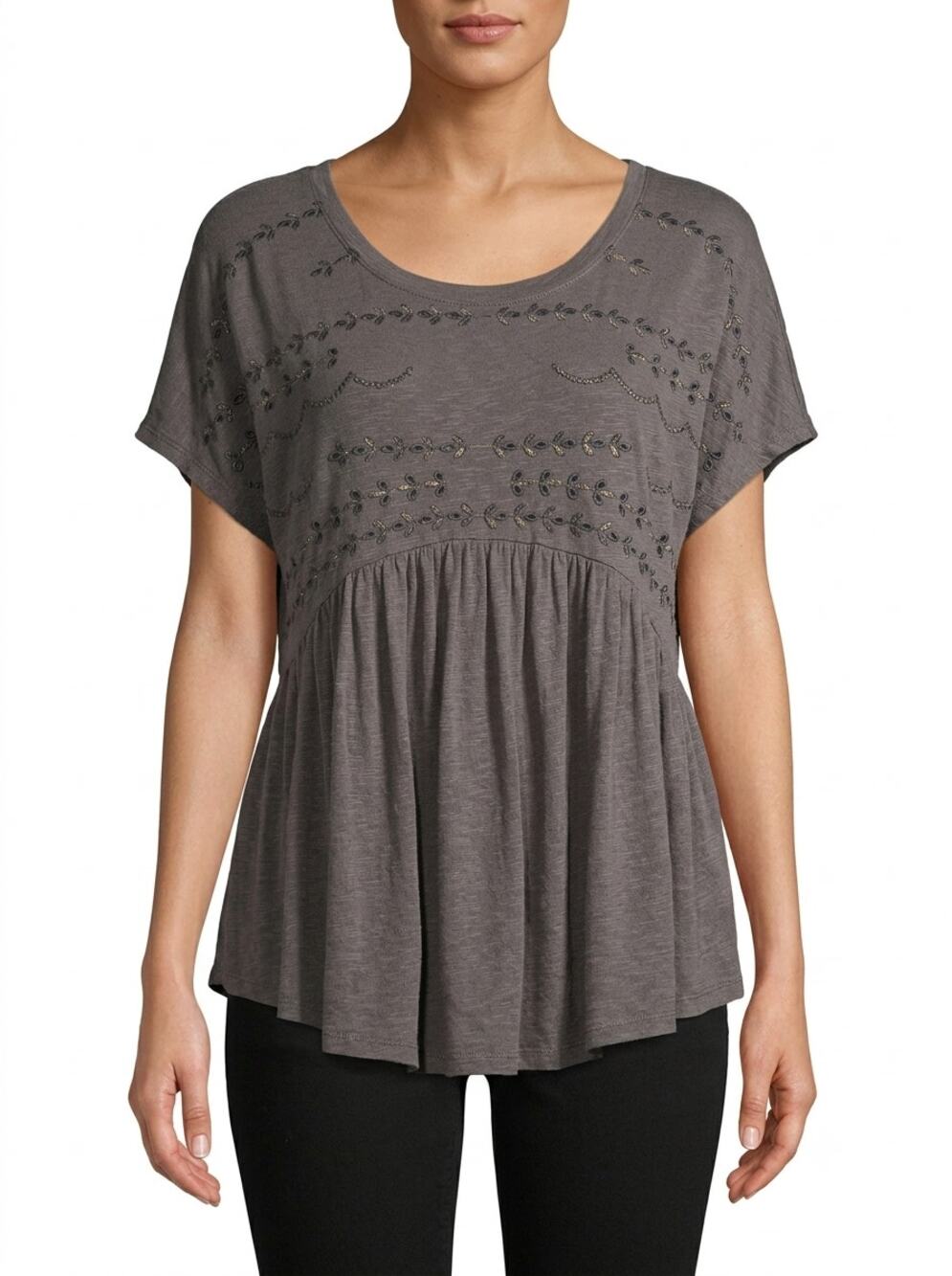 Free People Babydoll Top Women's L Charcoal Gray Embroidered Eyelet Peplum Hem